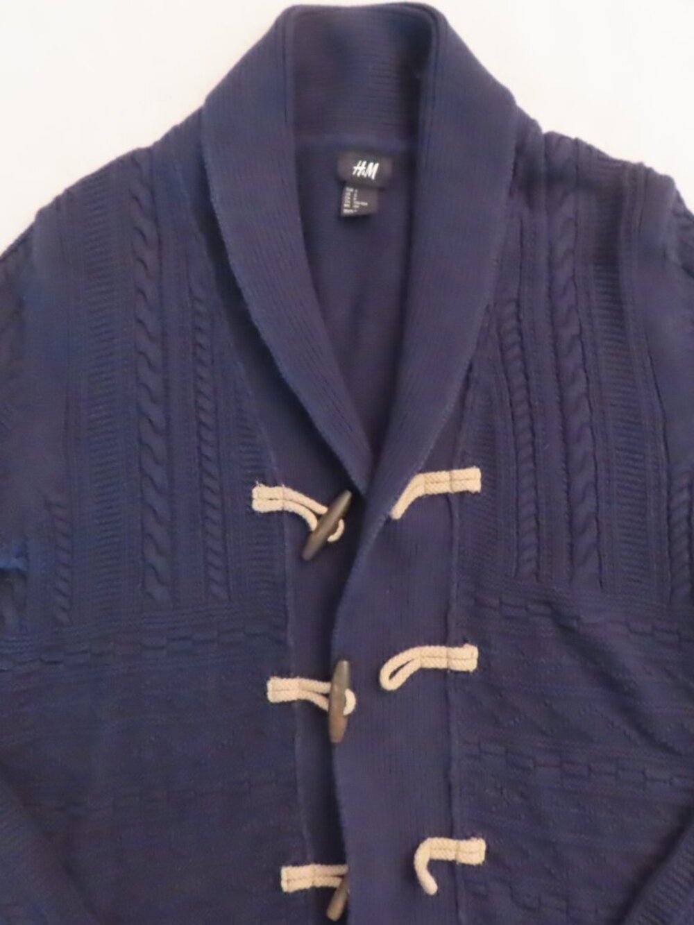 H&M Cardigan Sweater Blue Fisherman Cableknit Toggle Nautical New England Small